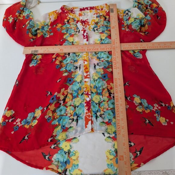 Fig & Flower Floral Shirt Womens Size Large Red Bird Sheer Roll Tab Sleeves - Picture 10 of 12